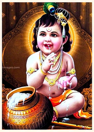 Baby Krishna Eating Butter from a Pot with Peacock Feather Crown and Gold Jewelry HD phone wallpaper