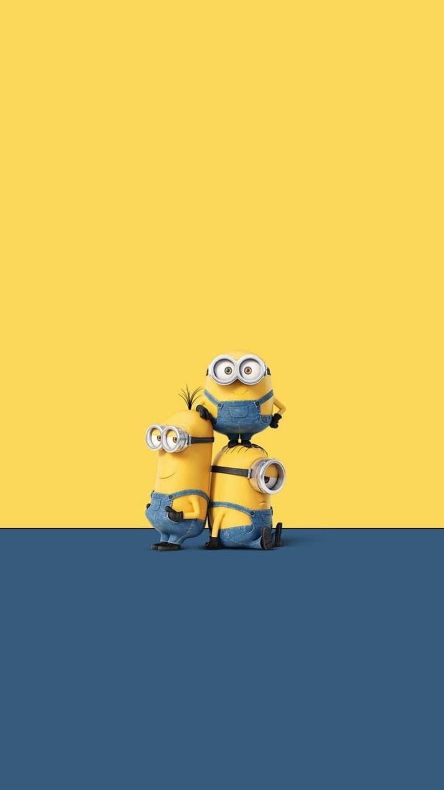 Three Minions Stacked Together on a Yellow and Blue Background HD phone wallpaper
