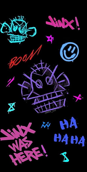 Jinx from Arcane Neon Graffiti Art with Vibrant Pink and Purple Doodles on Black Background HD phone wallpaper