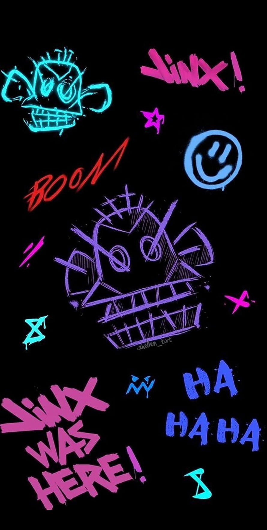 Jinx from Arcane Neon Graffiti Art with Vibrant Pink and Purple Doodles on Black Background HD phone wallpaper