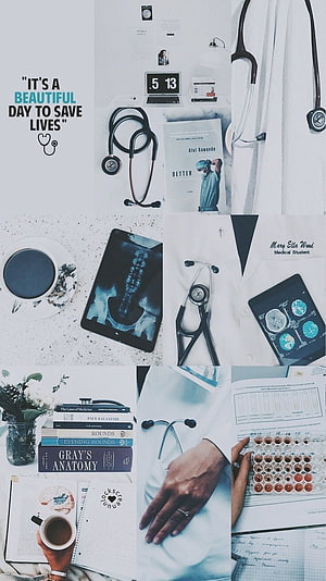 Medical Student Study Aesthetic Collage with Stethoscope, Anatomy Books, and X-Ray Imagery HD phone wallpaper