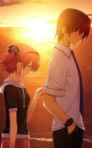 Anime Couple Walking on Beach at Sunset with Emotional Mood HD phone wallpaper