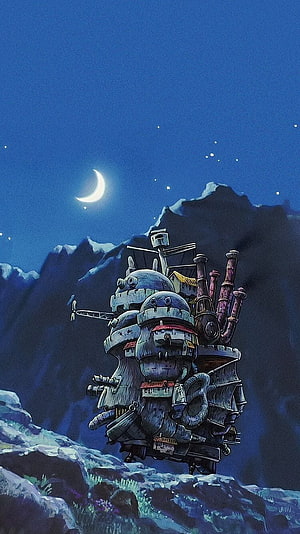 Howl's Moving Castle perched on a snowy mountain ridge beneath a crescent moon and starry night sky HD phone wallpaper