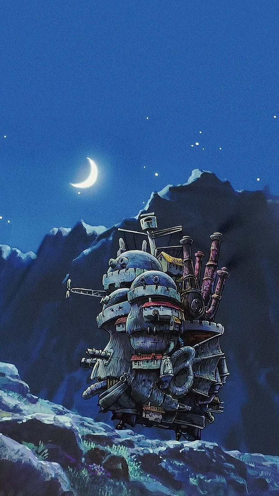 Howl's Moving Castle perched on a snowy mountain ridge beneath a crescent moon and starry night sky HD phone wallpaper