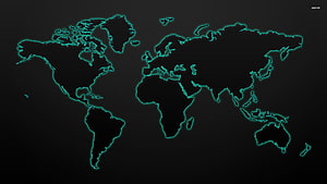 Glowing Neon World Map on Dark Background with Cyan Outlines HD wallpaper