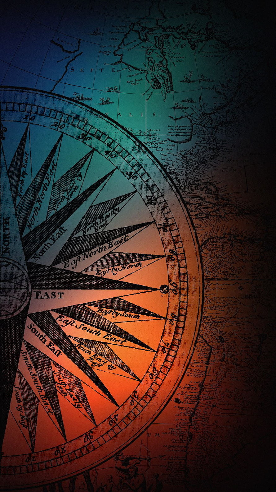Vintage Nautical Compass Rose Over Antique World Map with Warm Gradient Lighting HD phone wallpaper