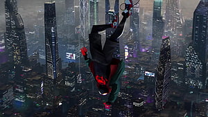 Miles Morales Spider-Man Swinging Over a Neon-Lit City at Night, Spider Man Miles Morales Live - Hut - Animated , Live , Animated HD wallpaper