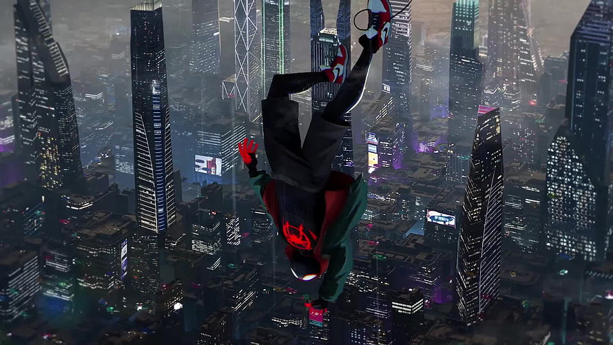 Miles Morales Spider-Man Swinging Over a Neon-Lit City at Night HD wallpaper