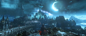 Dark Souls 3 Lothric Cityscape at Night with Crescent Moon and Snowy Gothic Architecture HD wallpaper