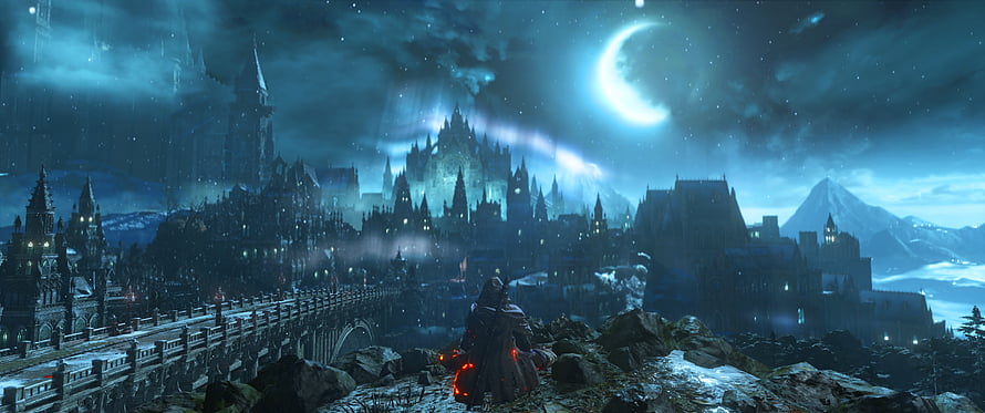 Dark Souls 3 Lothric Cityscape at Night with Crescent Moon and Snowy Gothic Architecture HD wallpaper
