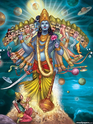 Lord Vishnu Cosmic Form with Multiple Heads and Arms in Hindu Mythology HD phone wallpaper
