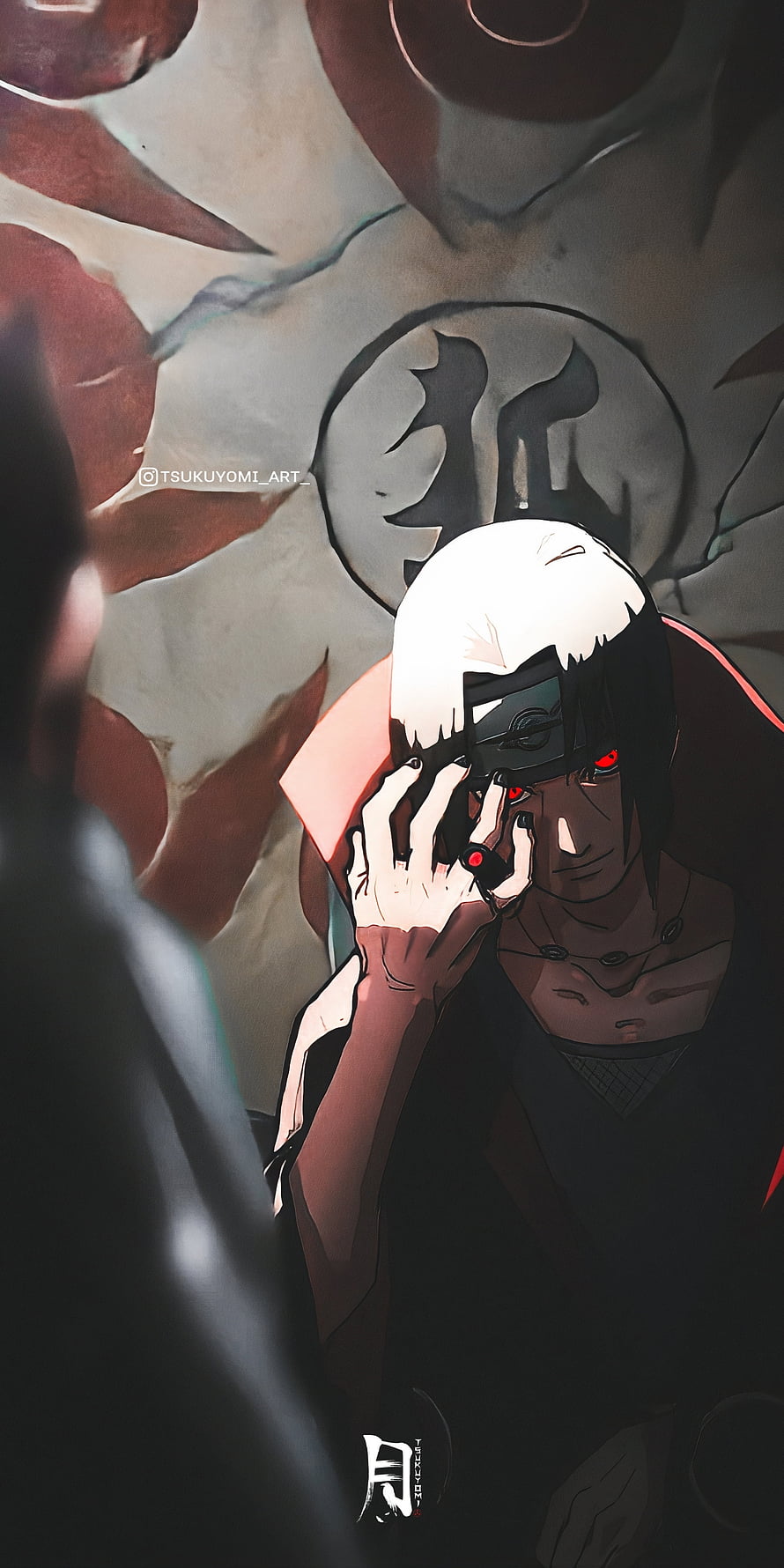 Itachi Uchiha Sharingan Eye Artwork with Uchiha Clan Crest and Dark Fantasy Style HD phone wallpaper