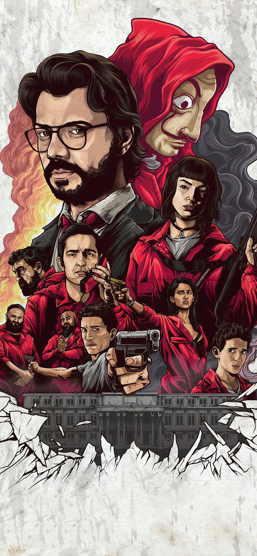 Money Heist Season 1 Character Lineup Illustration with Red Hooded Figures and Firearms HD phone wallpaper