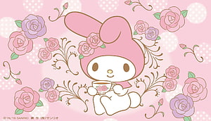 My Melody Holding Teacup Surrounded by Pink Roses and Floral Vines on Soft Pink Background HD wallpaper