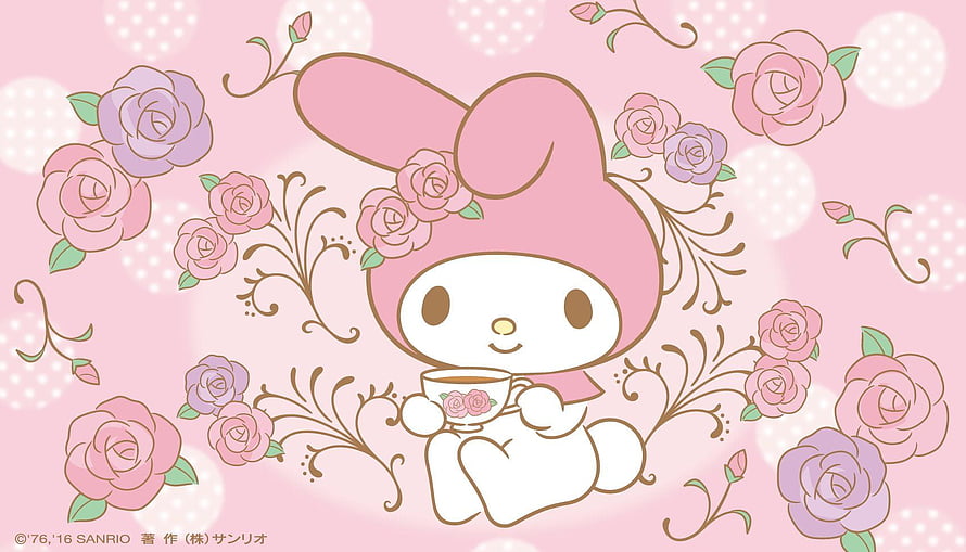 My Melody Holding Teacup Surrounded by Pink Roses and Floral Vines on Soft Pink Background HD wallpaper