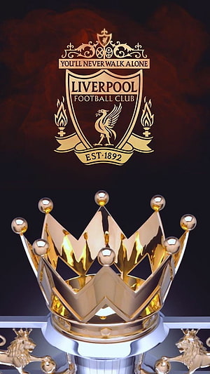 Liverpool FC Crest and Premier League Trophy Crown on Dark Background HD phone wallpaper