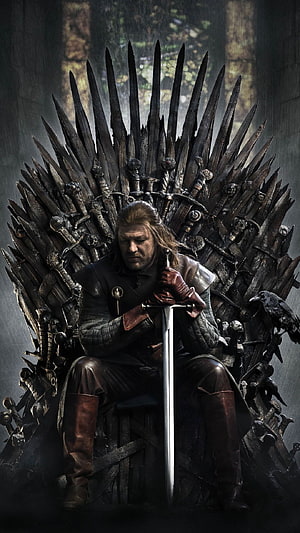 Ned Stark Seated on the Iron Throne Holding a Sword in Game of Thrones HD phone wallpaper