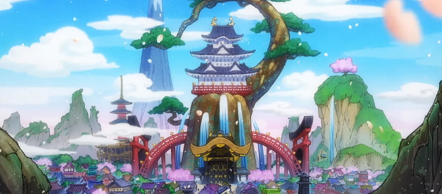 One Piece Wano Country Anime Landscape with Pagoda and Torii Gates HD wallpaper