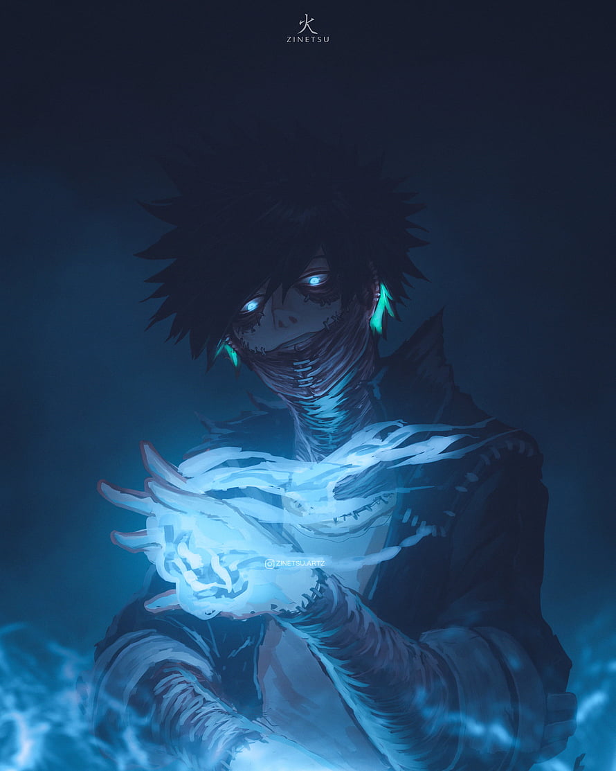 Dabi from My Hero Academia channeling dark blue flames in a moody digital illustration HD phone wallpaper