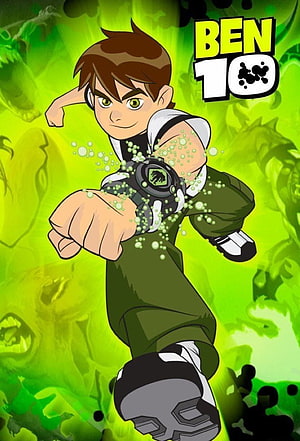 Ben 10 Animated Hero Action Pose with Omnitrix and Green Energy Background HD phone wallpaper