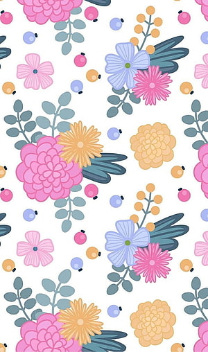 Pastel Kawaii Floral Pattern with Pink and Blue Blooms on White Background HD phone wallpaper