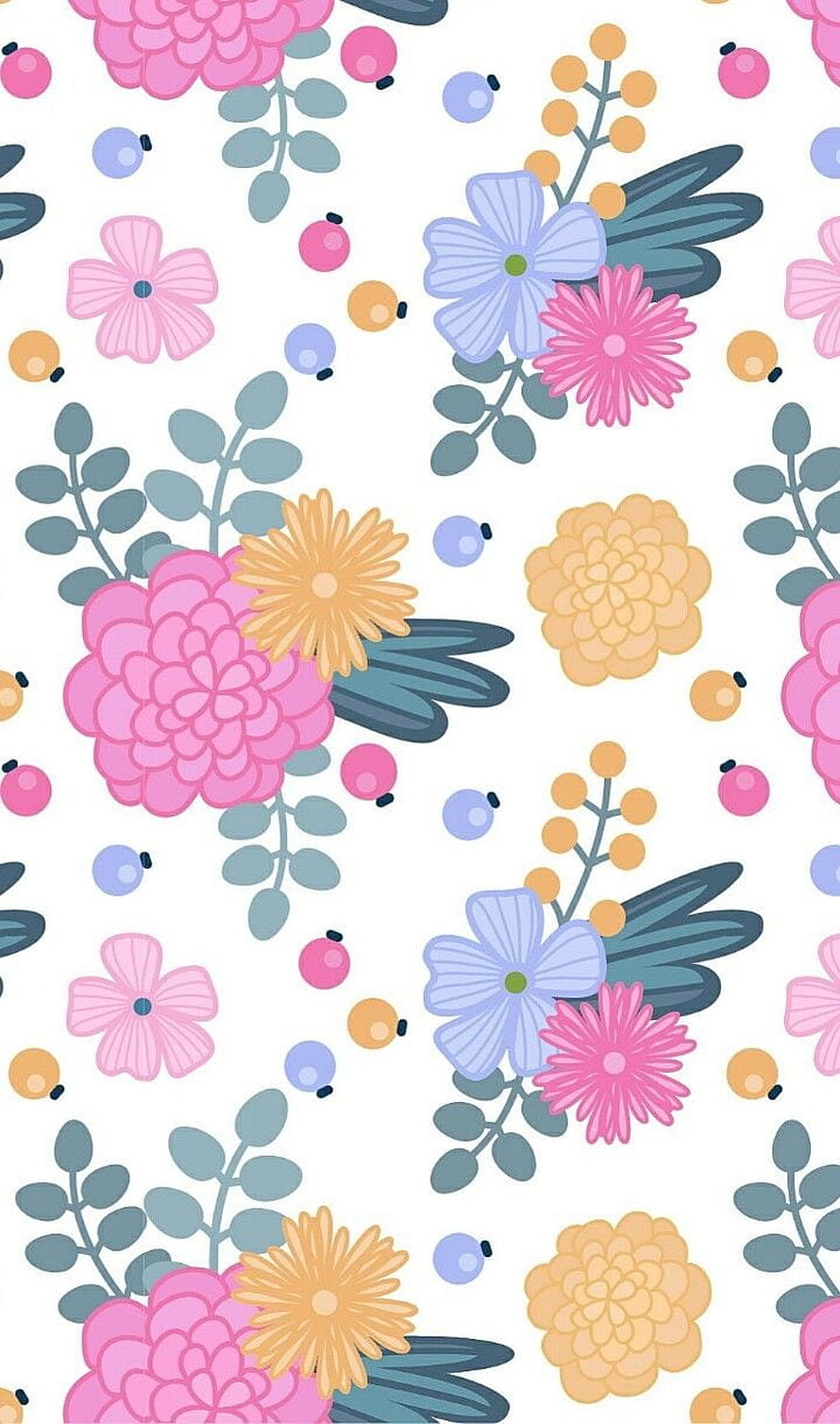 Pastel Kawaii Floral Pattern with Pink and Blue Blooms on White Background HD phone wallpaper