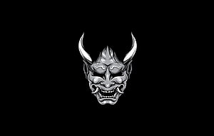 Monochrome Japanese Oni Demon Mask with Horns and Fanged Grin on Black Background HD wallpaper