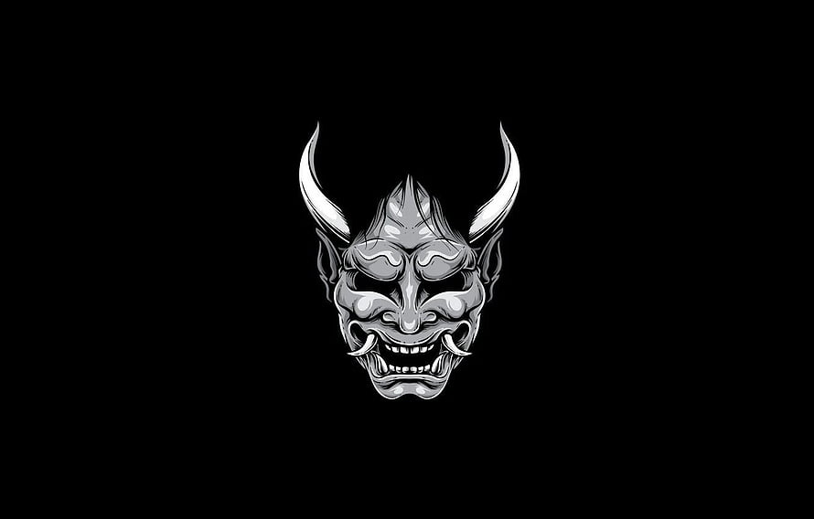 Monochrome Japanese Oni Demon Mask with Horns and Fanged Grin on Black Background HD wallpaper