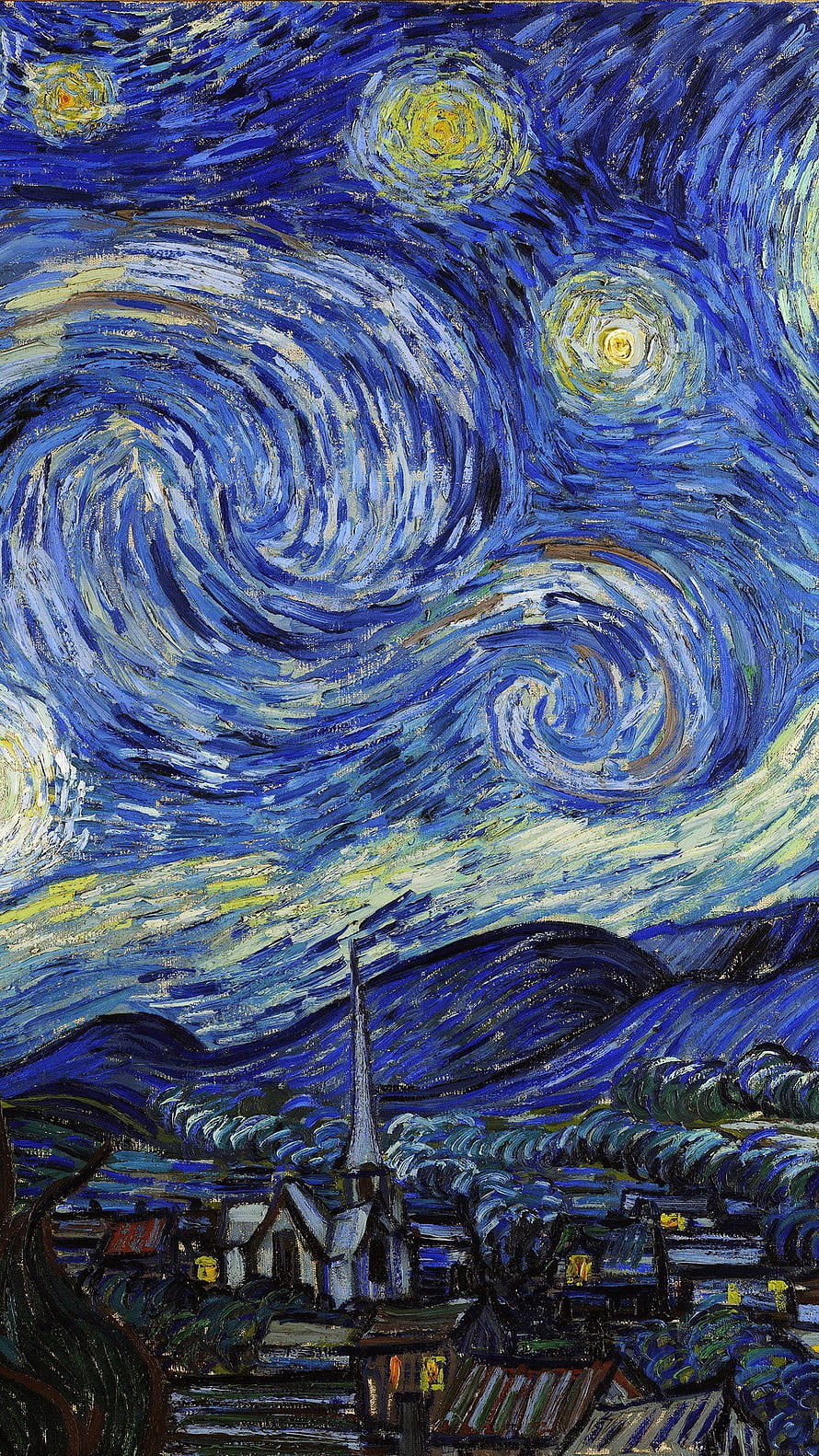 Vincent van Gogh Starry Night Classic Oil Painting with Swirling Sky and Village HD phone wallpaper