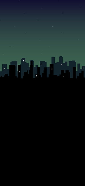 Minimalist Pixel Art City Skyline at Night with Starry Gradient Sky HD phone wallpaper