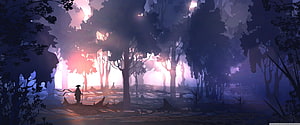 Oriental Fantasy Forest Scene with Silhouetted Wanderer and Ethereal Mist HD wallpaper