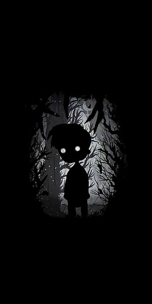 Limbo Silhouette Character in Dark Forest with Glowing Eyes and Moonlit Background HD phone wallpaper