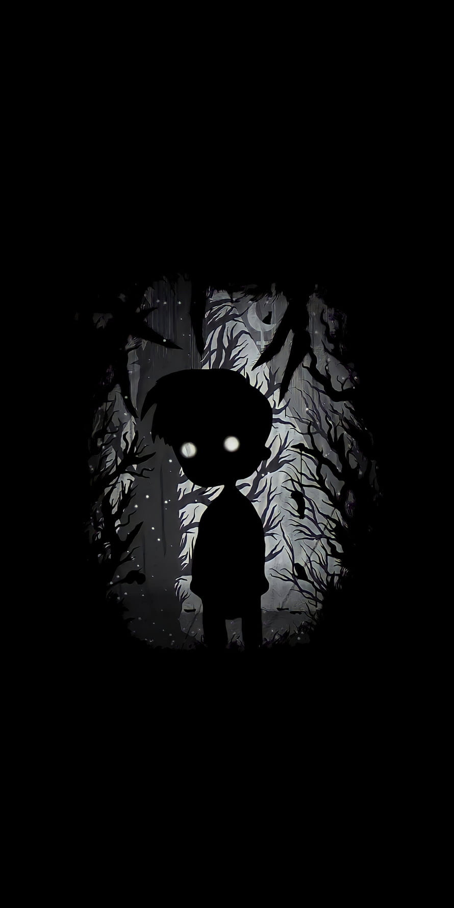 Limbo Silhouette Character in Dark Forest with Glowing Eyes and Moonlit Background HD phone wallpaper