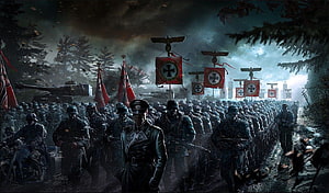 World War 2 German Infantry Column Marching Through Dark Forest With Tanks And Iron Cross Banners, World War 2 Battle Full Extra HD wallpaper