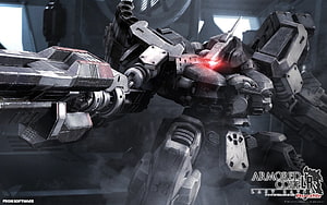 Armored Core Last Raven Portable Mecha Robot with Red Eye Glow in Industrial Setting HD wallpaper