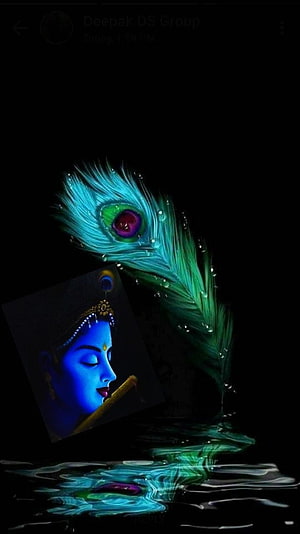 Lord Krishna Portrait with Glowing Peacock Feather and Water Reflection HD phone wallpaper