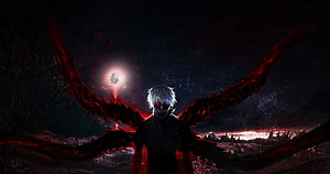 Tokyo Ghoul Kaneki Ken with Crimson Wings in a Dark Apocalyptic Landscape HD wallpaper
