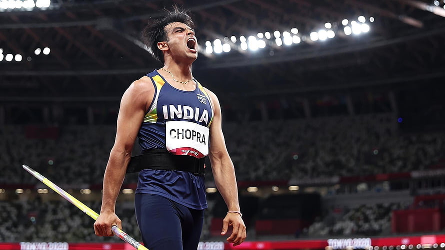 Neeraj Chopra Celebrates Historic Olympic Gold Medal Victory in Tokyo Stadium HD wallpaper