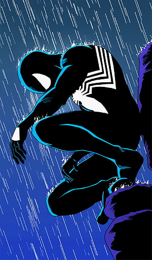 Black Suit Spider-Man Crouching in the Rain with Blue Outlines and Dramatic Comic Art Style, Black suit Spider-Man, marvel, comics HD phone wallpaper