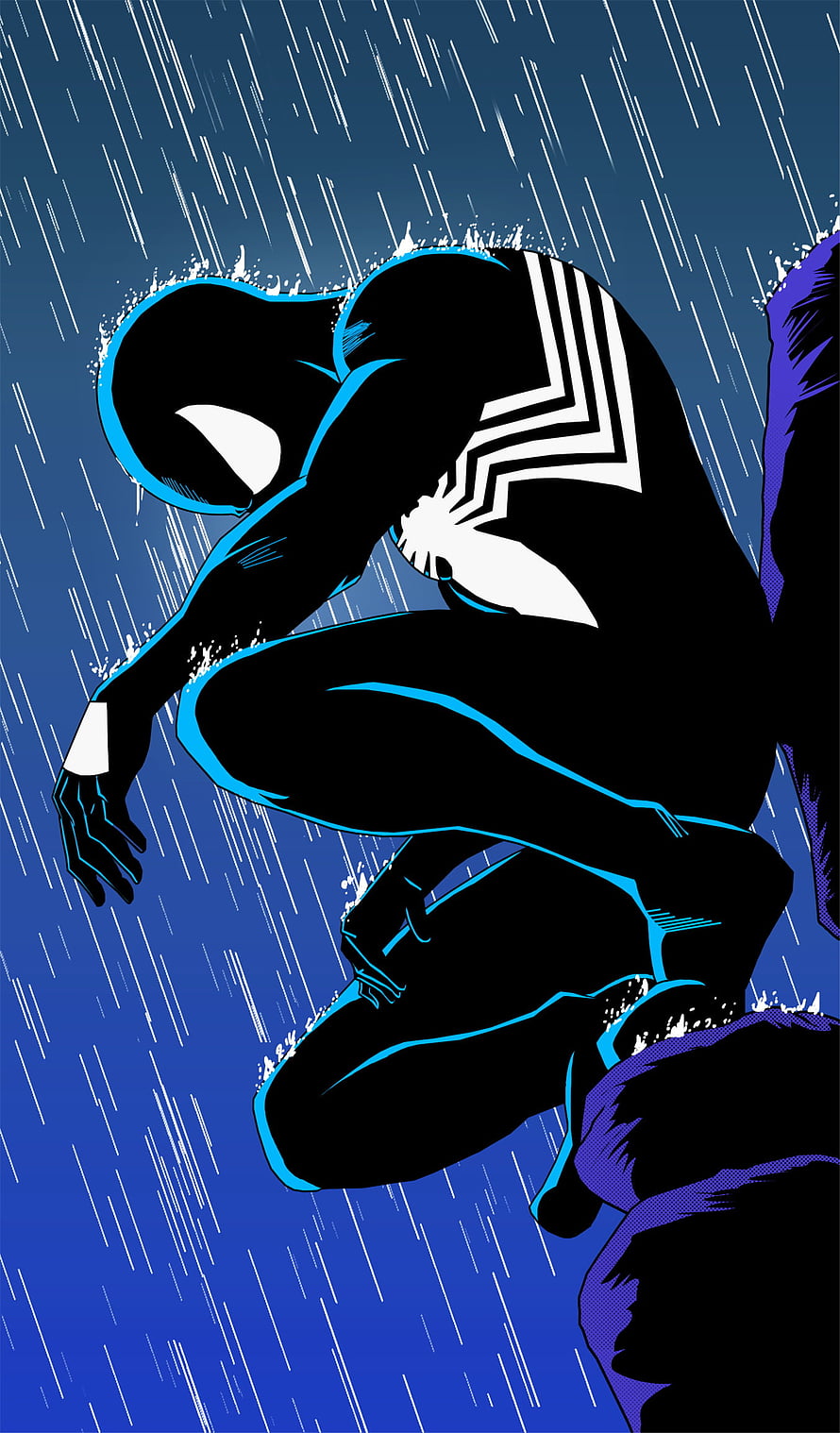 Black Suit Spider-Man Crouching in the Rain with Blue Outlines and Dramatic Comic Art Style HD phone wallpaper