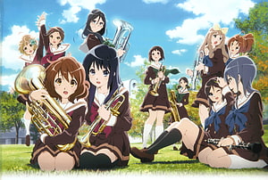 Hibike Euphonium Anime Ensemble of School Girls with Brass Instruments on a Sunny Lawn HD wallpaper
