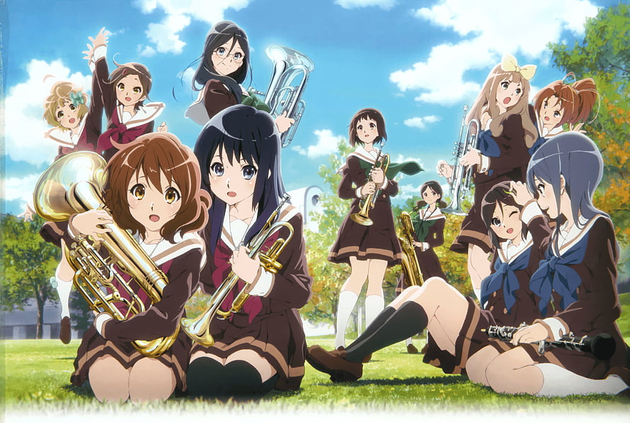 Hibike Euphonium Anime Ensemble of School Girls with Brass Instruments on a Sunny Lawn HD wallpaper