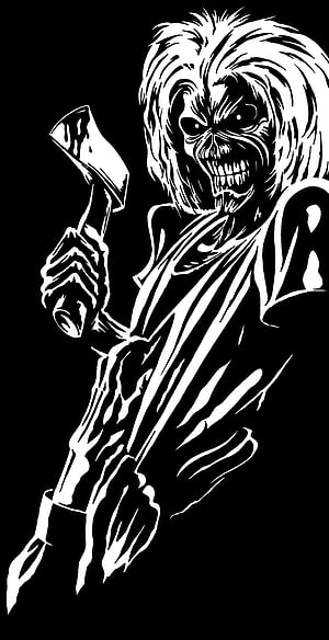 Iron Maiden Eddie Skull with Axe Black and White Illustration HD phone wallpaper
