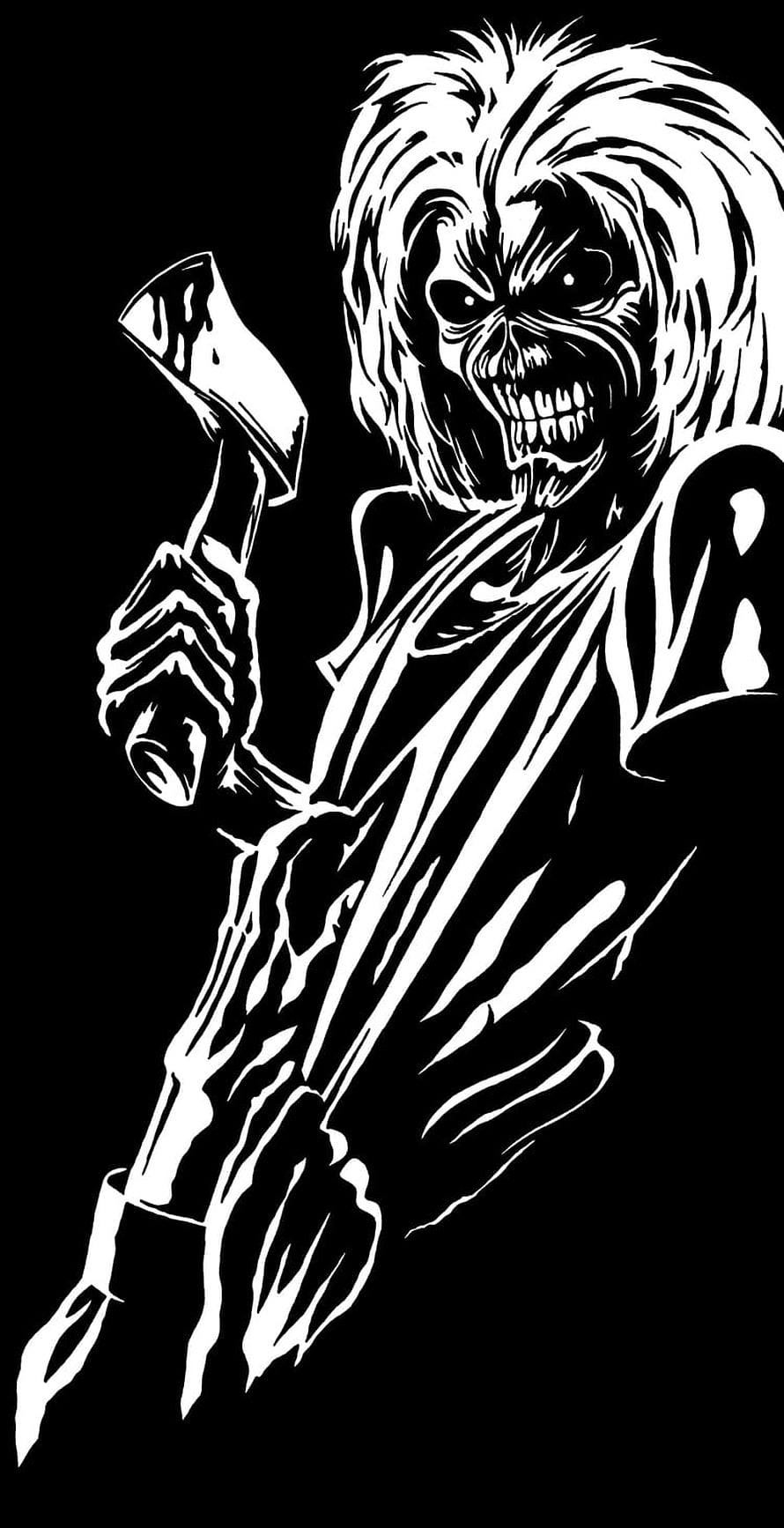Iron Maiden Eddie Skull with Axe Black and White Illustration HD phone wallpaper