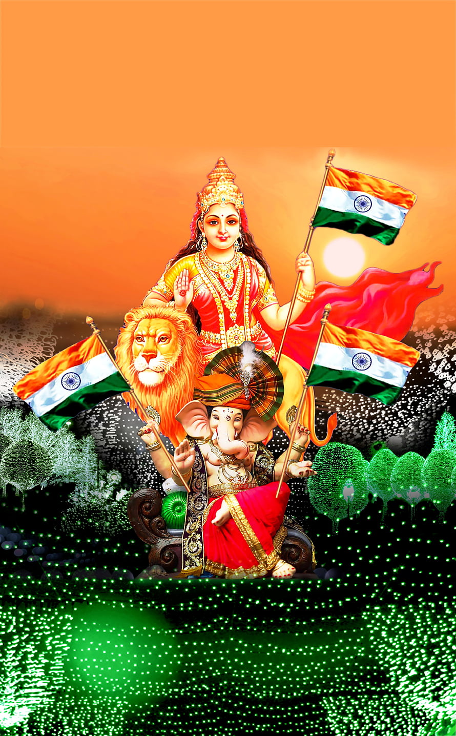 Maa Durga and Ganesha with Indian National Flag and Lion HD phone wallpaper