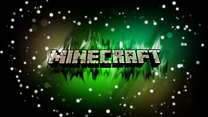 Minecraft Logo Against Glowing Green Aurora and Starry Night Sky HD wallpaper