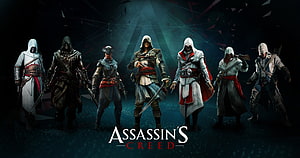 Assassin's Creed Legacy Lineup Featuring Ezio, Altaïr, and Connor in Cinematic Digital Art HD wallpaper