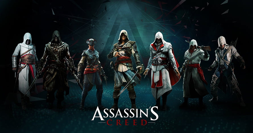 Assassin's Creed Legacy Lineup Featuring Ezio, Altaïr, and Connor in Cinematic Digital Art HD wallpaper