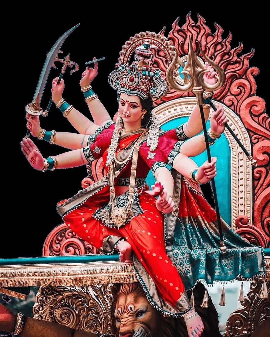 Goddess Durga Multi-Armed Deity with Sword and Trident on Lion Throne HD phone wallpaper