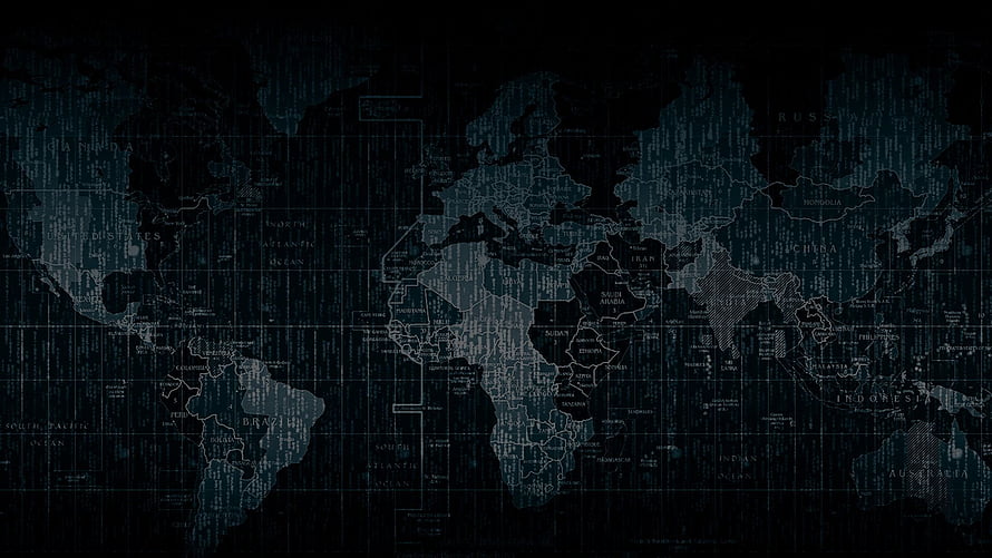 Dark Digital World Map with Matrix Code Overlay for Cybersecurity Theme HD wallpaper